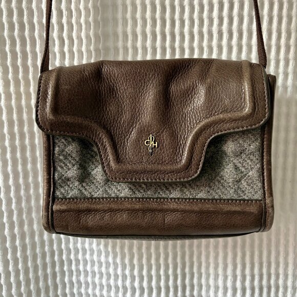 Cole Haan small brown pebbled leather gray quilted fabric crossbody bag purse - Picture 1 of 7